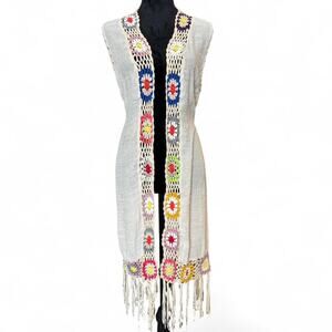 Boho Crochet Granny Square Fringe Vest Kontrol XL Cream Festival Duster